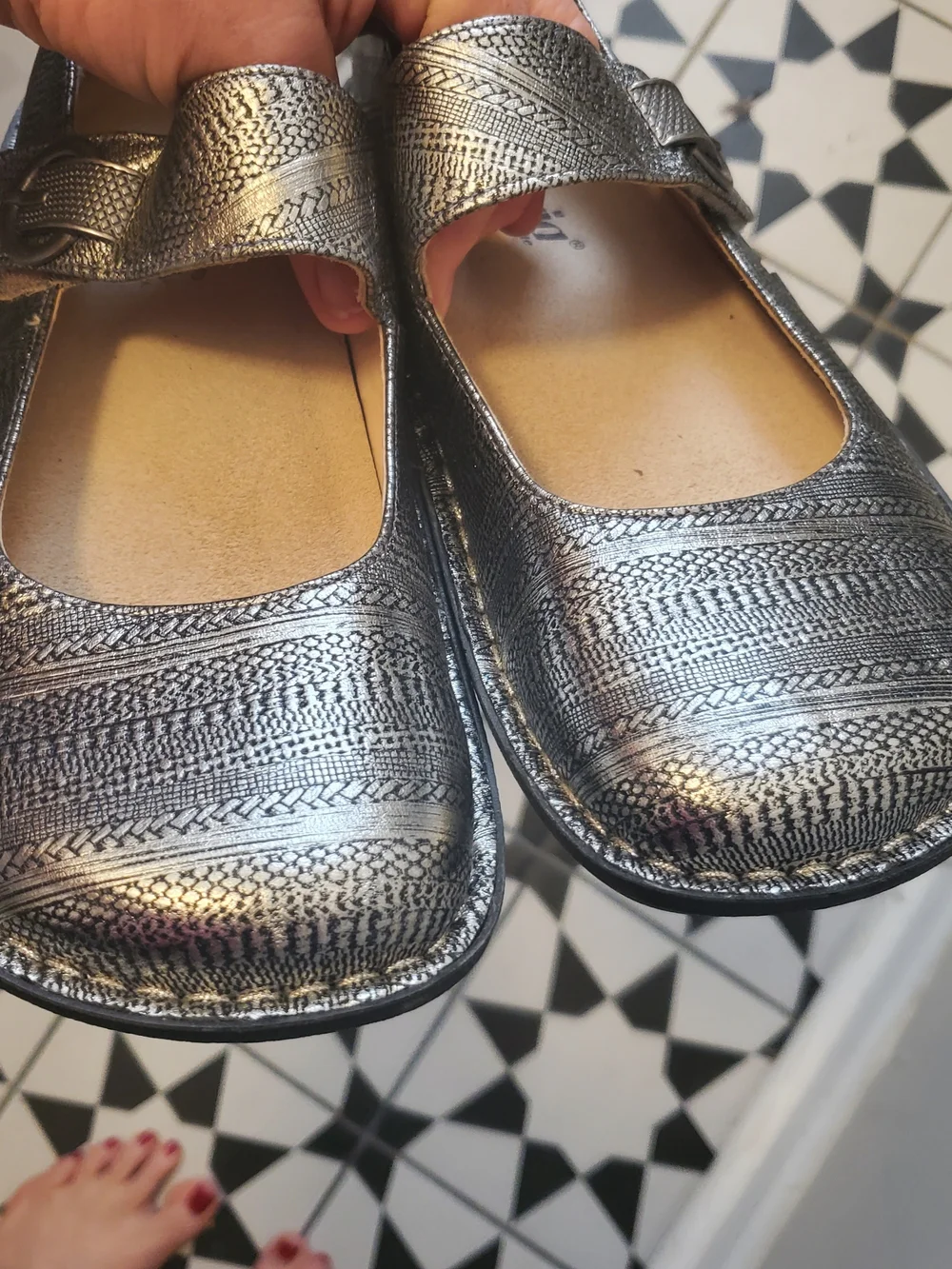 Alegria Metallic Silver Patterned Mary Jane Loafer Size 38 /8 Worn once Like New
